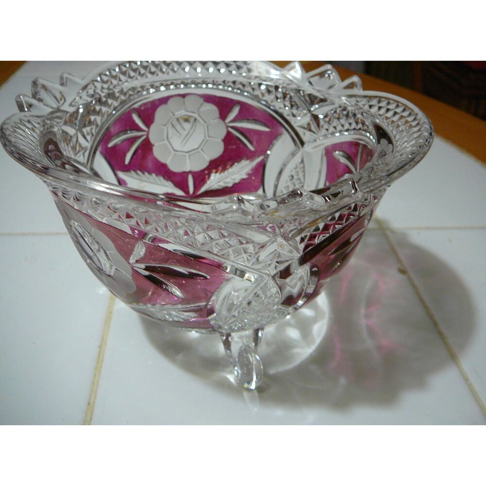 Vintage Hofbauer Floral Ruby Red Crystal 3 Footed Bowl - Picture 2 of 6